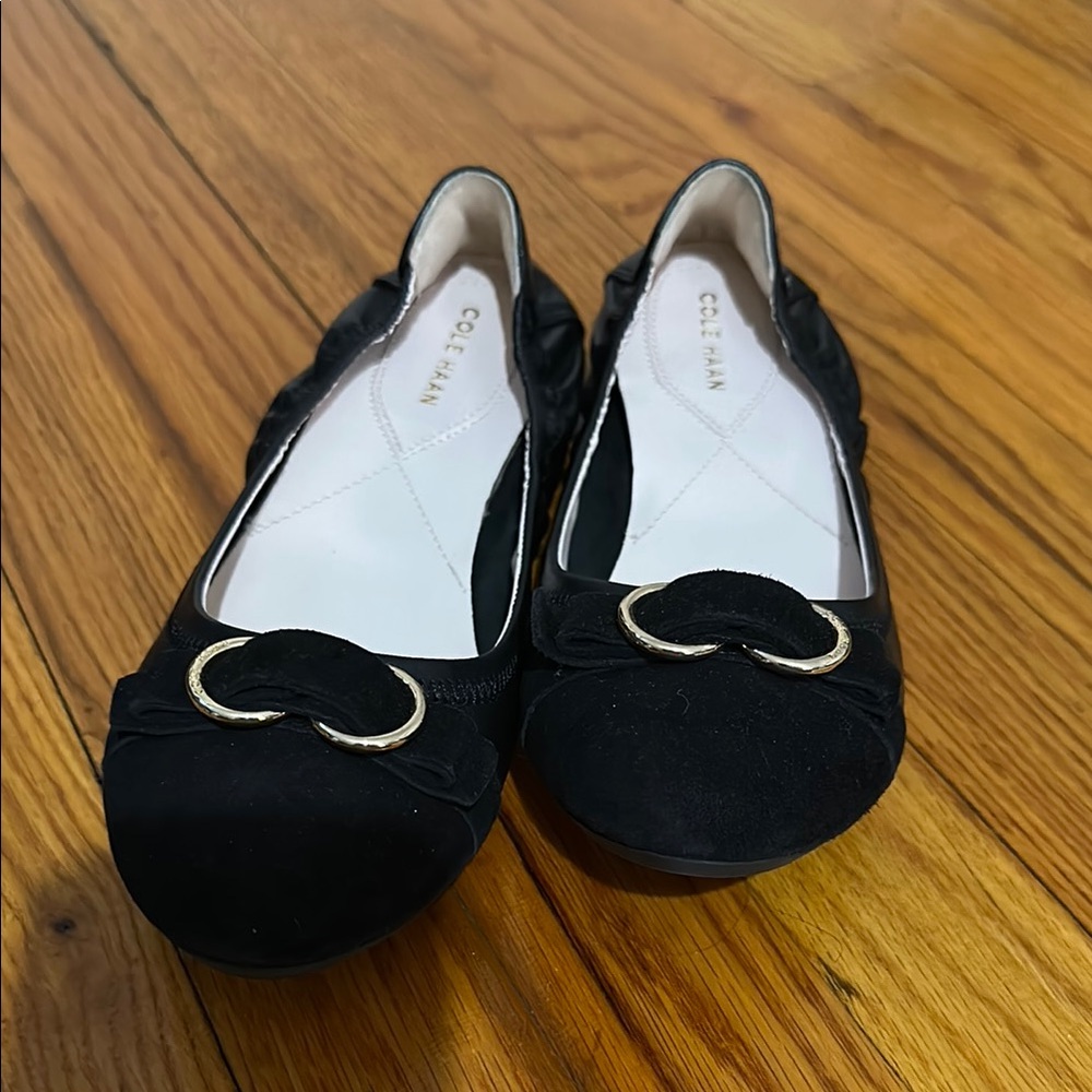 Cole Haan Black Textured Flats with Bow Detail